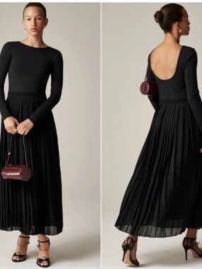 J.Crew Black Long-Sleeve Pleated Maxi Dress with Scoop Back